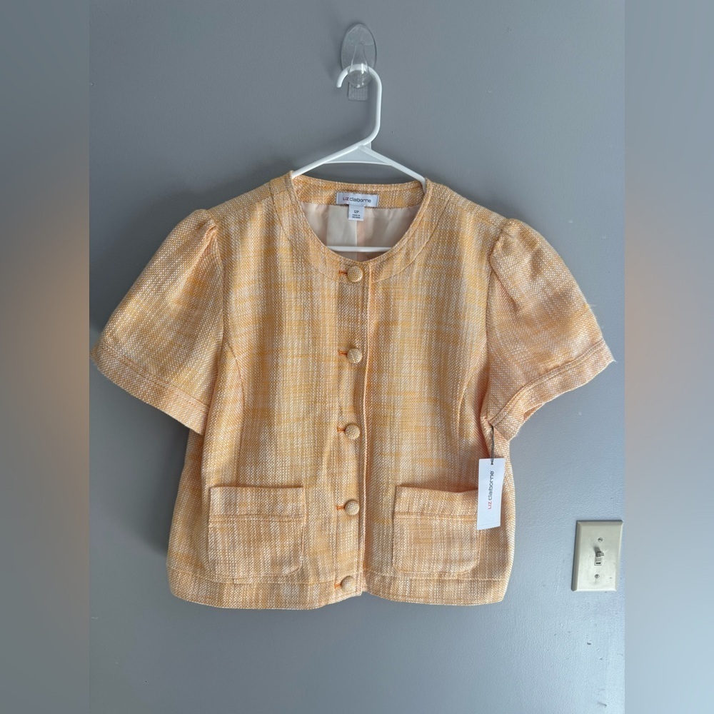 Liz Claiborne Womens Tweed Cropped Short Sleeve Button Up Blazer Jacket SZ 12P